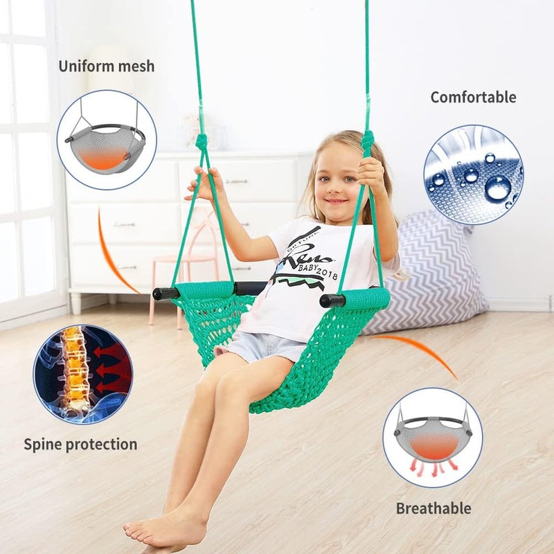 ROPECUBE Hand-Knitting Toddler Swing, Swing Seat for Kids with Adjustable Ropes, Little tikes Swings Set, for Outdoor Indoor, Playground, Backyard (Macaron Green) - Image 4